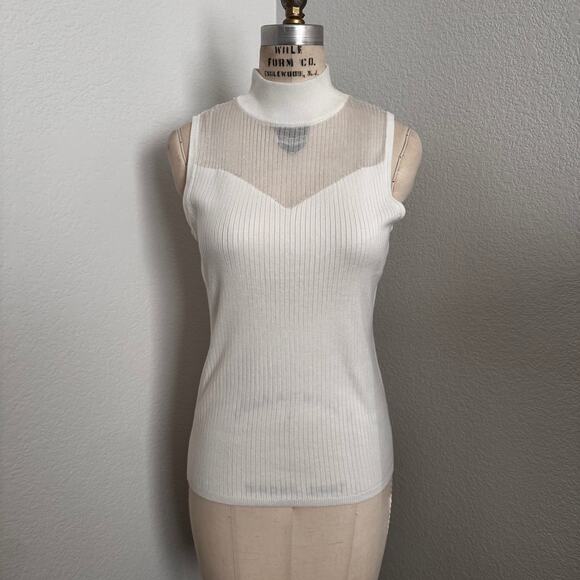 Tahari Tops - NWT Tahari Ivory Ribbed Knit Sheer Mesh Yoke Sleeveless Top Size Large
